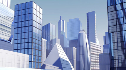 Obraz premium A futuristic skyscraper with a sleek, reflective glass facade rising against a clear blue sky, showcasing modern urban architecture and advanced design