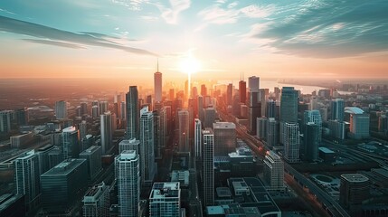 Fototapeta premium Aerial view of a modern cityscape dominated by high-rise buildings at sunset. Minimalist stock photo