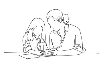 Parent-child relationship, communication concept. Single line draw design vector graphic illustration.