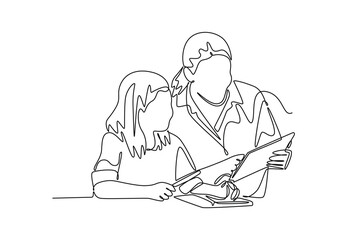 Parent-child relationship, communication concept. Single line draw design vector graphic illustration.