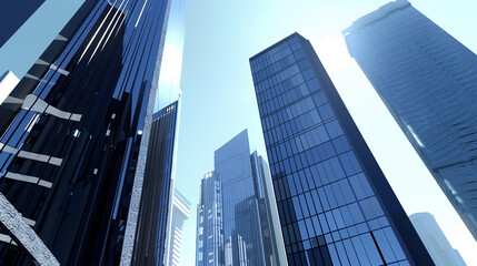 Obraz premium A futuristic skyscraper with a sleek, reflective glass facade rising against a clear blue sky, showcasing modern urban architecture and advanced design