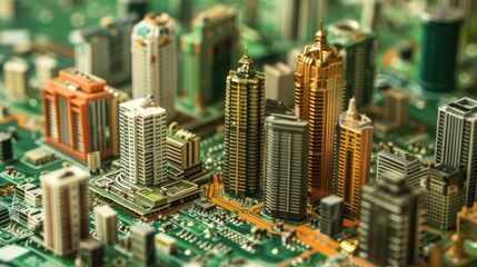 Miniature City Built with Bitcoin on Circuit Board Landscape Symbolizes Future Urban Development