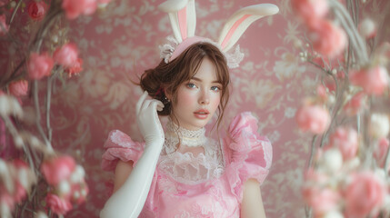 Cute girl posing in a lace and pastel pink dress, adorned with bunny ears on her head, velvet fabric, body language, cottagecore outfit, white gloves, shiny glossy close-up intensity, porcelain skin