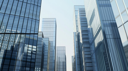 Obraz premium A futuristic skyscraper with a sleek, reflective glass facade rising against a clear blue sky, showcasing modern urban architecture and advanced design