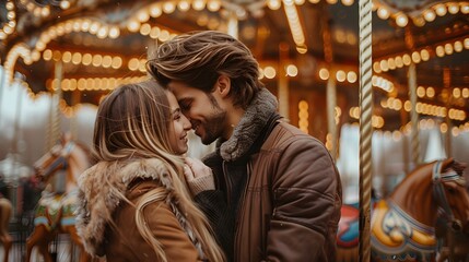 Romantic Couple Sharing a Tender Embrace in Front of Vintage Carousel at Night