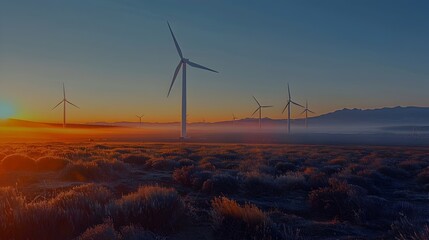 Scenic Industrial Wind Farm with Spinning Turbines at Sunset or Sunrise