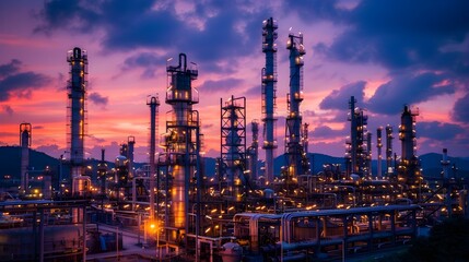 Dramatic Oil Refinery Landscape at Dusk with Illuminated Pipes and Towers