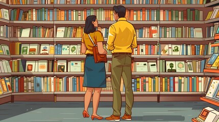 Couple browsing bookshelves in a colorful bookstore illustration
