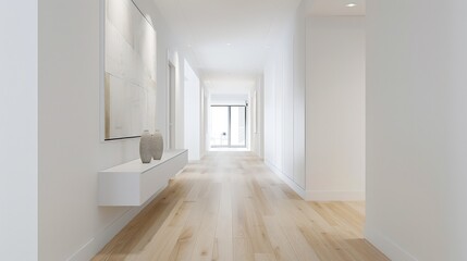 Fototapeta premium Hallway with white walls, light wooden flooring, and minimalist artwork