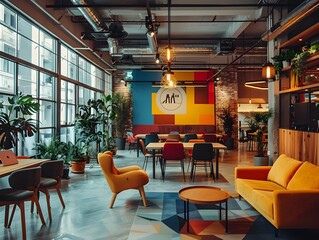 Obraz premium Vibrant Modern Coworking Space for Collaborative Freelancers with Industrial Design Elements