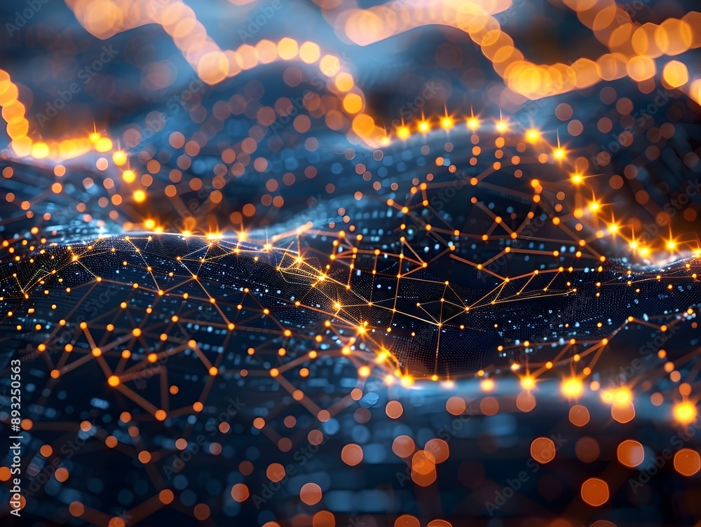 Poster futuristic blockchain technology and digital currency symbols with decentralized network system