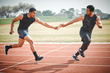 Relay, race and men on track with teamwork for speed challenge, partnership event and sports at arena. Synergy, collaboration and athlete group in running competition, fitness and support at stadium