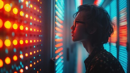 Technician monitors a powerful server room used to generate AI or farm crypto in a secure warehouse filled with racks of computer servers networked to the internet