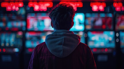 A man watching a wall of monitors and display screens showing data