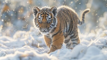 Obraz premium A Tiger Cub Is Walking Through the Snow in the Woods - Generative AI