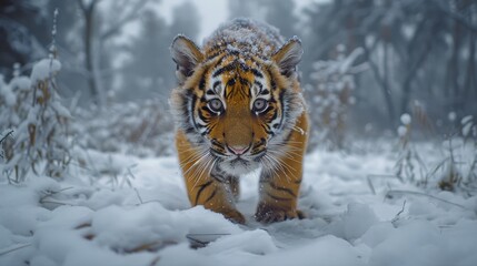 Obraz premium A Tiger Walking Through the Snow in a Forested Area - Generative AI