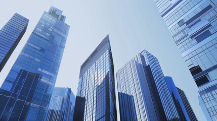 Obraz premium A futuristic skyscraper with a sleek, reflective glass facade rising against a clear blue sky, showcasing modern urban architecture and advanced design