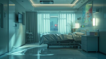 Obraz premium A Hospital Room With a Bed, Television and a Painting on the Wall - Generative AI