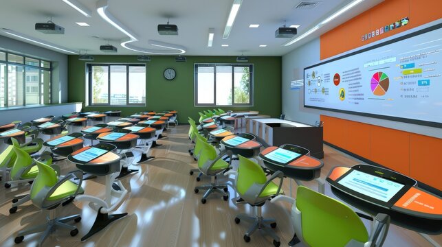 High-tech classroom with digital boards and modular seating arrangements