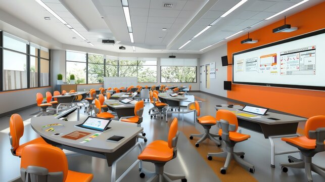 High-tech classroom with digital boards and modular seating arrangements
