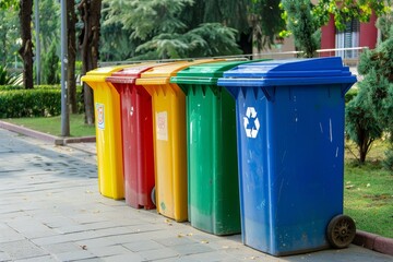 Different color recycling bins in city park bins for collection of recycle materials. 