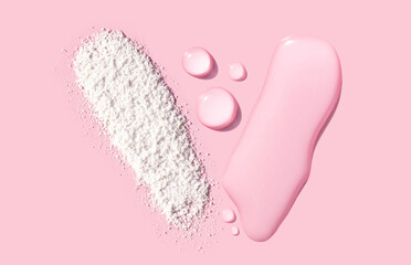 enzyme powder tonic serum texture of cosmetic samples on pink background