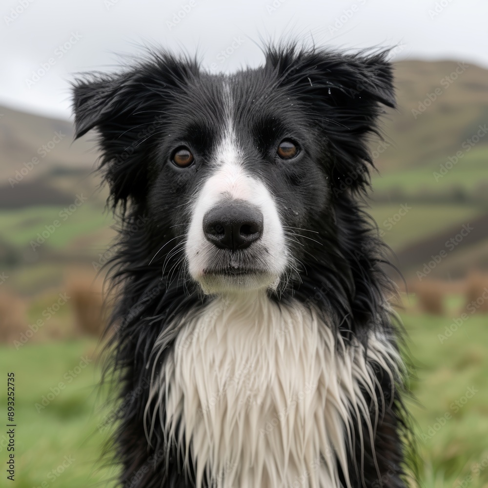 Poster close-up portrait of a fluffy black and white dog