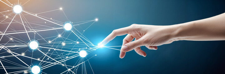 Digital Network Innovation: Human hand reaching and touching Futuristic Technology Interface Connection hub