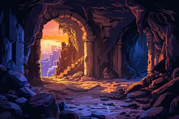 Obraz premium Ancient temple ruins bathed in the warm glow of sunset reveal a forgotten city