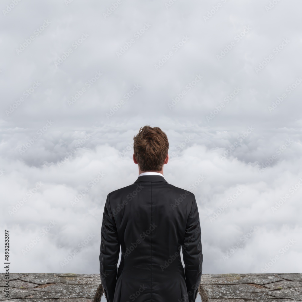 Sticker businessman looking out over clouds