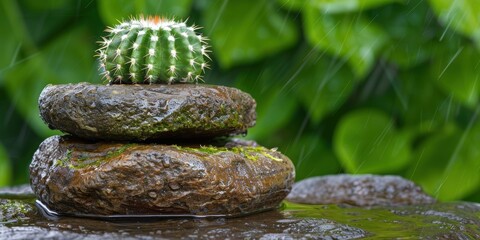 Cactus plant growing on rocks in a rainy garden
