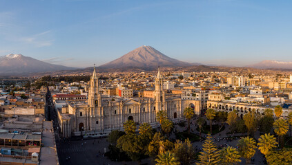 Arequipa, Peru: Panoramic view of the Basilica Cathedral of Arequipa and the Plaza de Armas in the colonial old town in Peru at sunset