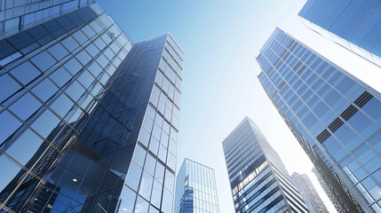 Obraz premium A futuristic skyscraper with a sleek, reflective glass facade rising against a clear blue sky, showcasing modern urban architecture and advanced design