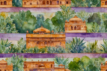  A pattern of watercolor painted images from everyday life in old Rajhasthani India, which is set against a background of mixed colors of sage and lavender.
