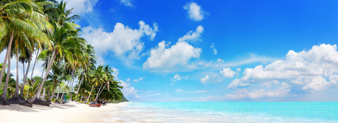 Tropical island paradise sea beach beautiful panorama landscape, turquoise ocean water, coconut palm tree, white sand, sun blue sky cloud, summer holiday vacation travel, Caribbean, Maldives, Thailand