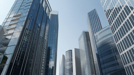 Obraz premium A futuristic skyscraper with a sleek, reflective glass facade rising against a clear blue sky, showcasing modern urban architecture and advanced design