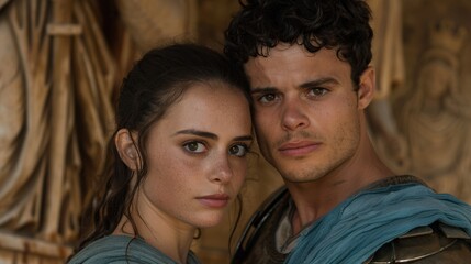 Intimate moment between a couple in a rustic setting