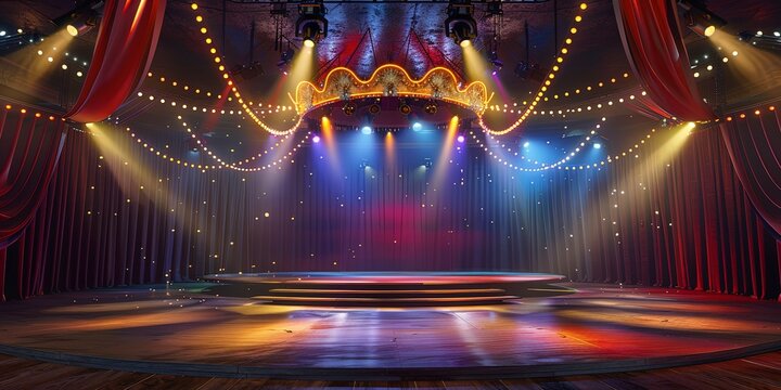 Vibrant Circus Stage with Dazzling Lights and Colorful Curtains