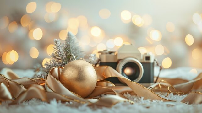Christmas photo session background Neutral pastel background with bokeh. golden camera christmas decoration balls and satin ribbon