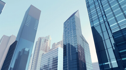 Obraz premium A futuristic skyscraper with a sleek, reflective glass facade rising against a clear blue sky, showcasing modern urban architecture and advanced design