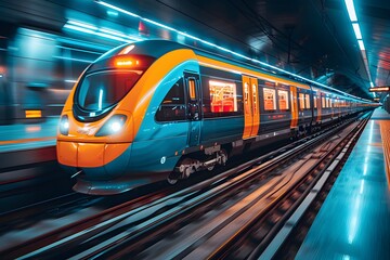 Naklejka premium Modern High-Speed Train Arriving at Futuristic Underground Station - Transportation, Travel, Technology