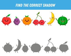 Find correct shadow of fruits. Educational logical game for kids. Cartoon funny fruit. Apple, banana, cherry, watermelon, orange, plum.