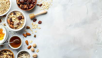 Muesli bowl and ingredients for healthy breakfast. Granola, nuts, dried fruits, flakes, honey and greek yogurt on white table, copy space