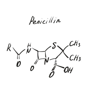 Penicillin (C16H18N2O4S) molecule formula. Hand drawn imitation, structural model, penicillin formula