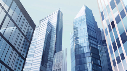 Obraz premium A futuristic skyscraper with a sleek, reflective glass facade rising against a clear blue sky, showcasing modern urban architecture and advanced design