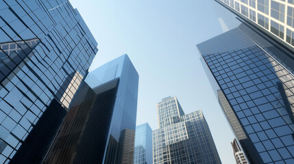 A futuristic skyscraper with a sleek, reflective glass facade rising against a clear blue sky, showcasing modern urban architecture and advanced design