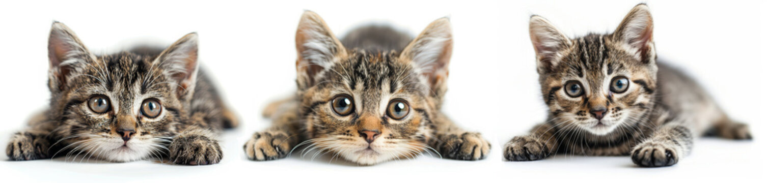 A collection with cute tabby cats, close-up shot, lying and looking at the camera, isolate with white background, studio shot, photorealistic, fine detailed.