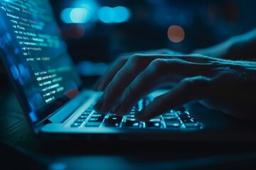 Hand of a man using laptop computer for hacking or steal data at night in office. Hacking concept 