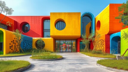 A Colorful Building With Lots of Windows and a Walkway in Front of It - Generative AI
