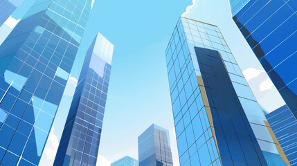 Obraz premium A futuristic skyscraper with a sleek, reflective glass facade rising against a clear blue sky, showcasing modern urban architecture and advanced design